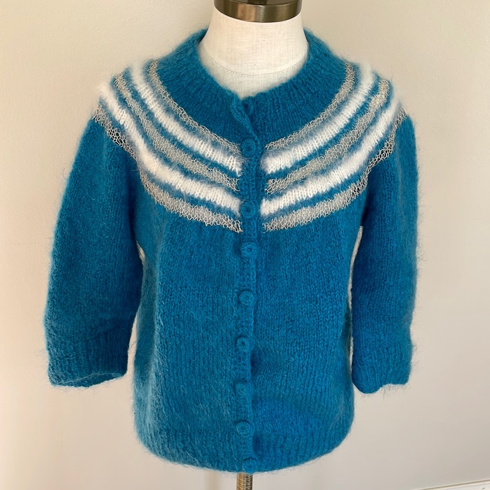 Handmade Vintage 3/4 sleeve teal white mohair  cardigan size M